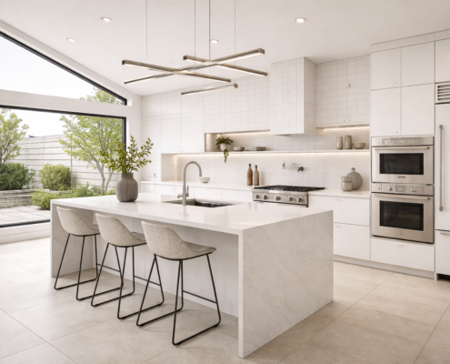 3d-Virtualisation2-TLKFPhotorealistic 3D kitchen render - modern white kitchen with island, bar stools and floor-to-ceiling windows