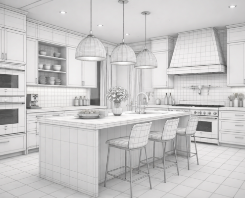 3d-Wireframe-TLKF3D wireframe shaker kitchen design render - traditional kitchen with island and pendant lights