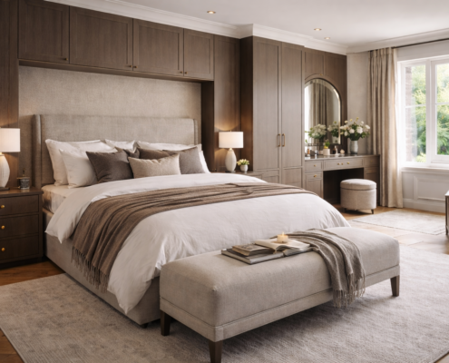 Luxury master bedroom with dark wood fitted wardrobes, built-in headboard, dressing table and ottoman by The Little Kitchen Factory