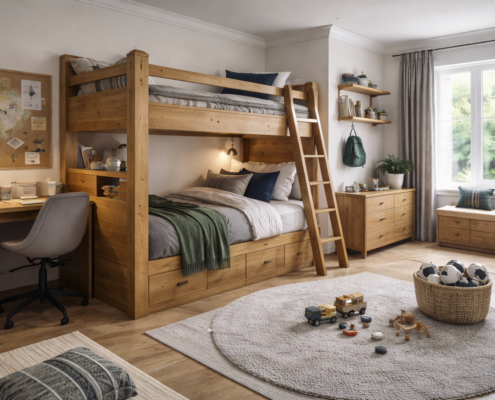 Boys bedroom design with wooden bunk beds, built-in desk, storage and window seat by The Little Kitchen Factory