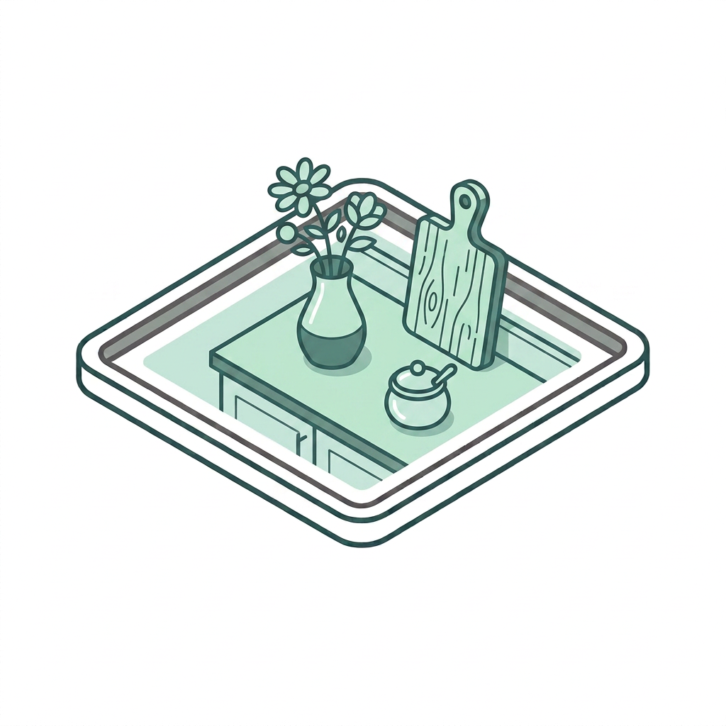 Finishing touches icon - kitchen accessories including vase, cutting board and jar for final styling details