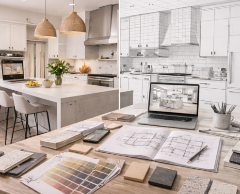 Interior design service - kitchen design plans, material samples, and finished kitchen at The Little Kitchen Factory