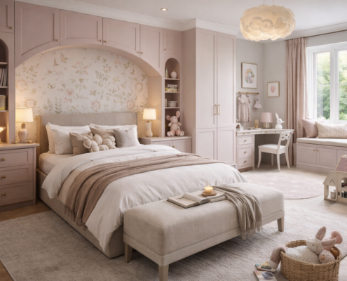 Pink children bedroom with arched alcove, fitted wardrobes, desk and window seat by The Little Kitchen Factory