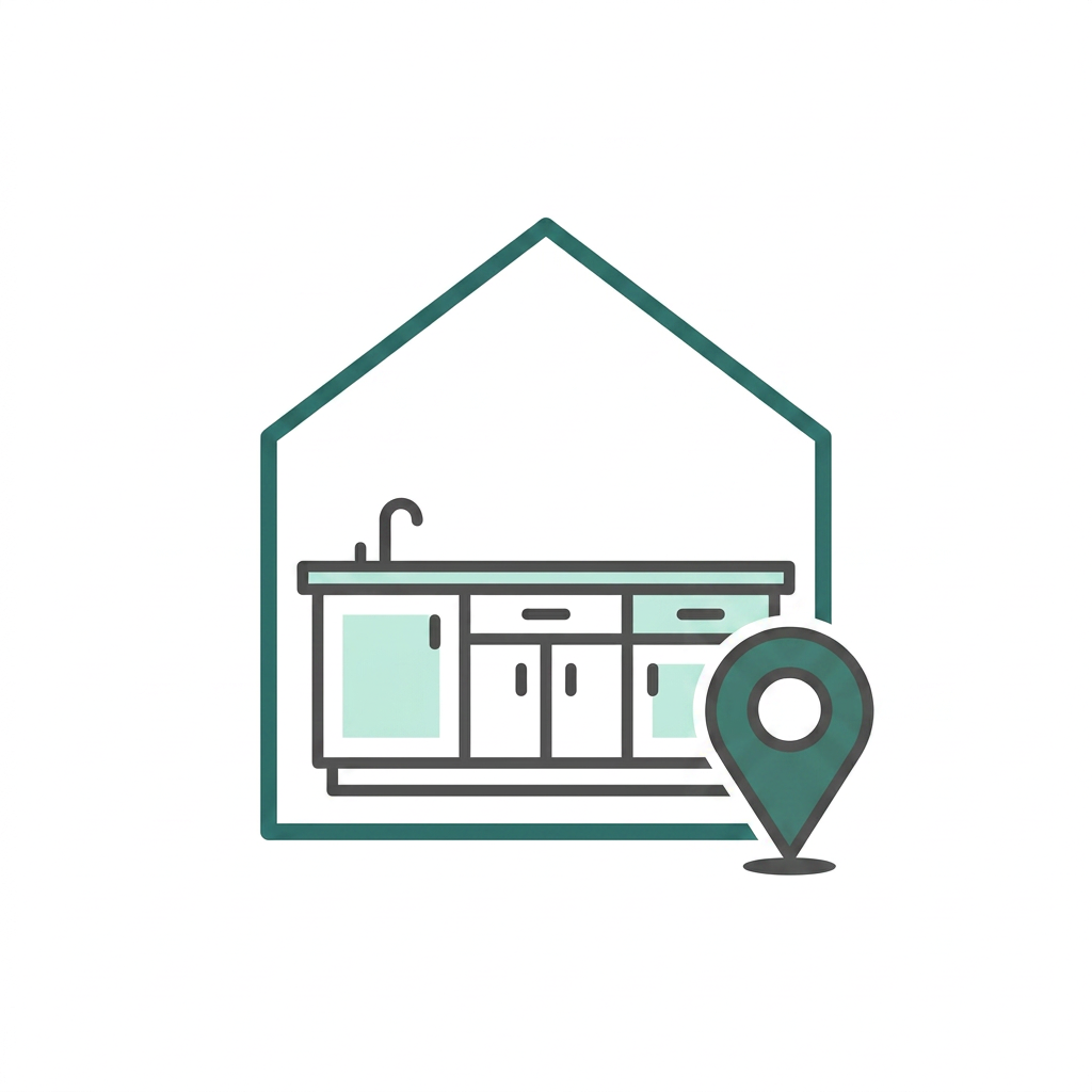 Local planning icon - house outline with kitchen and location pin for Worksop area service