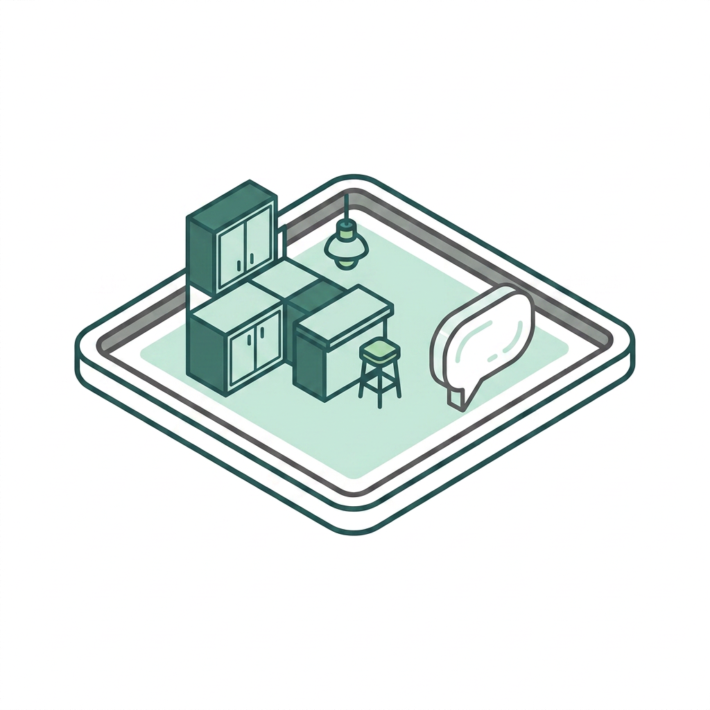 Styling advice icon - kitchen layout with speech bubble representing expert styling consultation